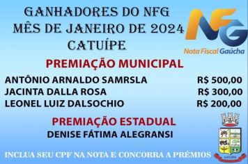 GANHADORES DO PROGRAMA NOTA FISCAL GAÚCHA DO MÊS DE JANEIRO DO MUNICÍPIO DE CATUÍPE