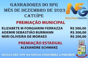 RELAÇÃO DE VENCEDORES DO SORTEIO NFG 135 - DEZEMBRO DE 2023