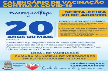 PESSOAS COM 20 ANOS OU MAIS PODERÃO RECEBER 1ª DOSE DA VACINA CONTRA COVID-19 NESTA SEXTA-FEIRA EM CATUÍPE