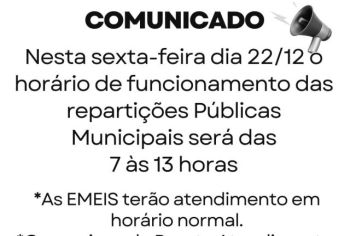 TURNO ÚNICO DIA 22 DE DEZEMBRO NAS REPARTIÇÕES PÚBLICAS MUNICIPAIS