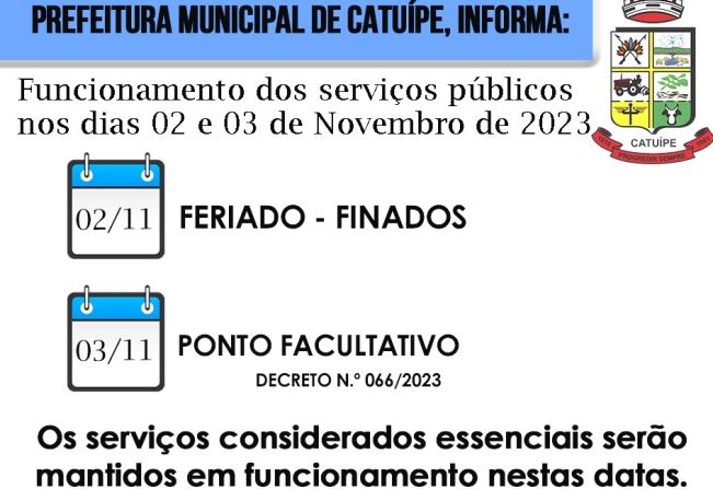 DECRETO 066/2023 - CONSIDERA PONTO FACULTATIVO NAS REPARTIÇÕES PÚBLICAS MUNICIPAISNO DIA 3 DE NOVEMBRO DE 2023