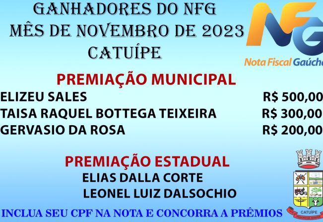 GANHADORES DO PROGRAMA NOTA FISCAL GAÚCHA - MÊS DE NOVEMBRO DE CATUÍPE