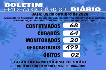 Boletim epidemiológico do dia 09 de outubro de 2020